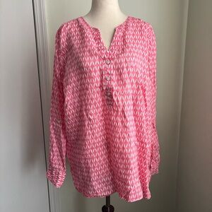 Talbots Linen Blouse pink geometric size XL roll tab sleeve euc